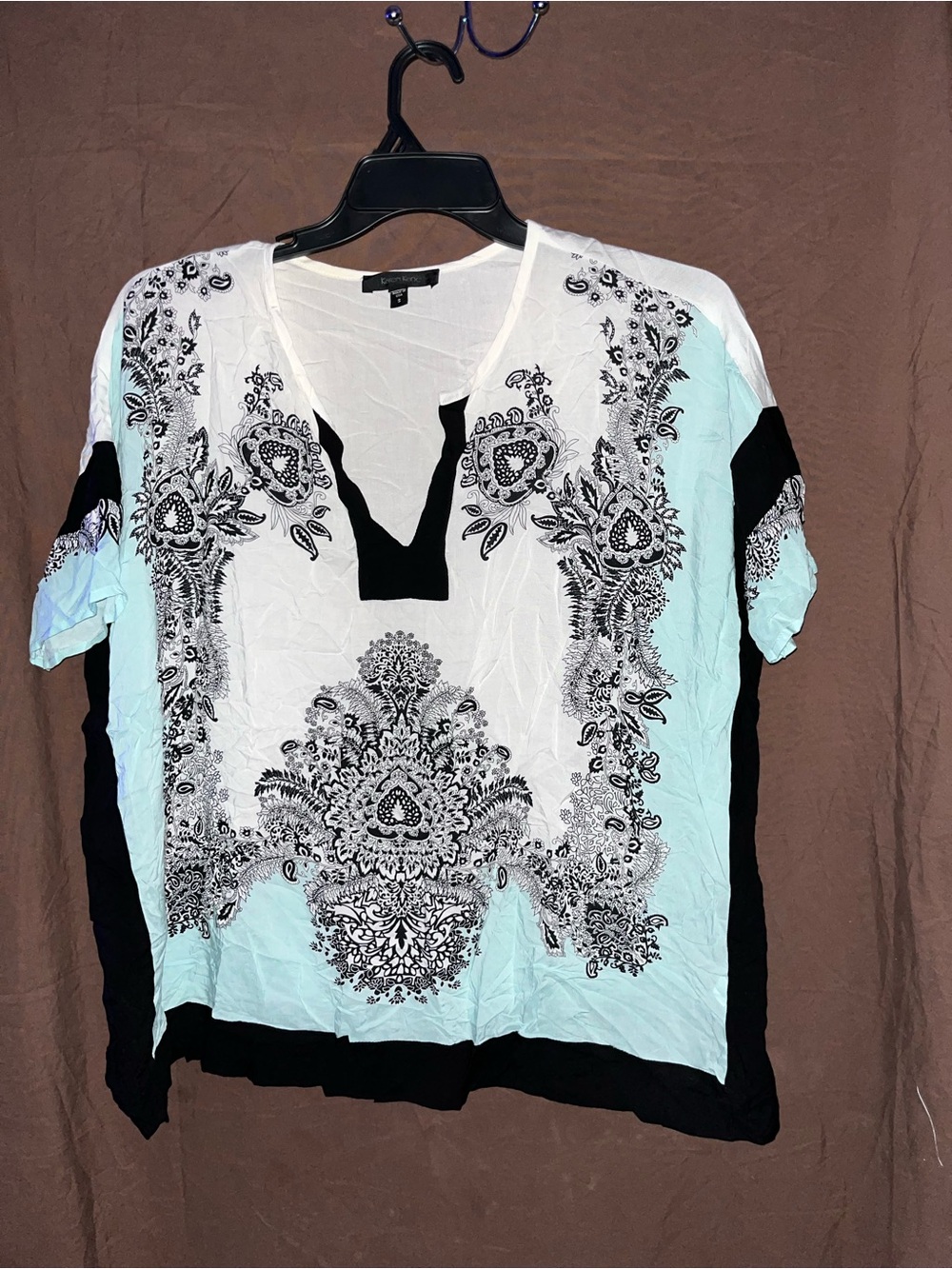 Karen Kane White, Light Blue and Black Printed Split-Neck Tunic